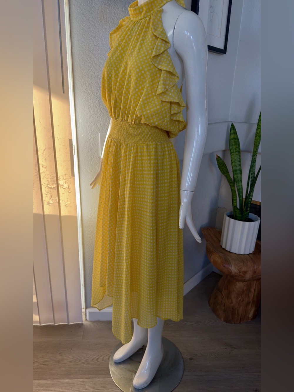 Eliza J Yellow Polka Dot Asymmetrical Ruffle Halter Midi Dress